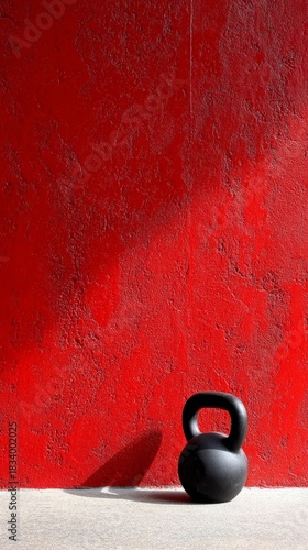 Black kettlebell rests on gray concrete floor against vibrant red textured wall, casting shadow,  copy space
