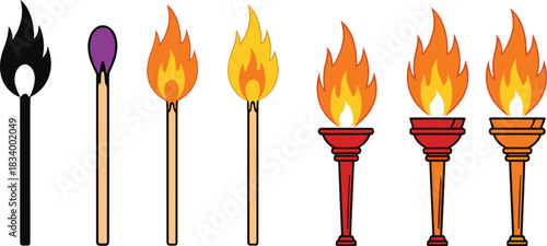 Fire flame icons vector illustration set with burning matches and torches for heat and hazard concepts