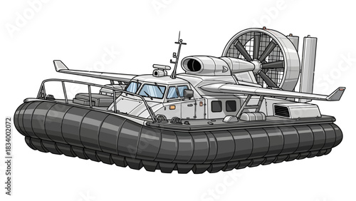 White hovercraft with large rear propeller on white background