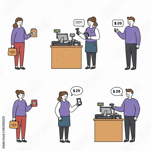 Simple linear illustration set depicting retail transactions, customers, cashier staff, price checks, and point of sale activities.
