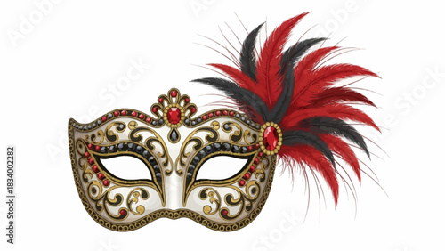 White masquerade mask with red and black feathers gold trim and jewels