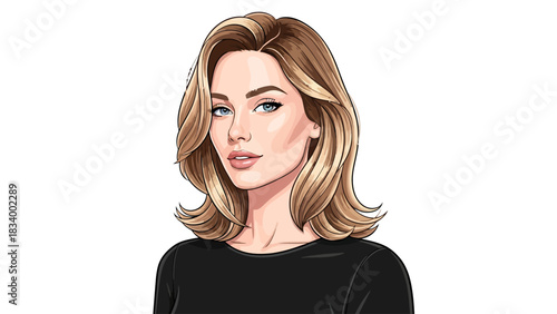 Woman with blonde hair and blue eyes wearing a black shirt