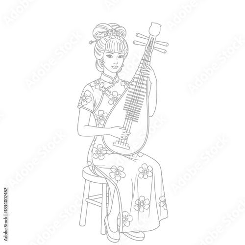 Wallpaper Mural Woman Playing Traditional Chinese Pipa Instrument in Cultural Attire Torontodigital.ca