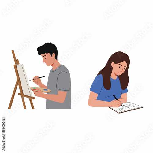 Flat vector illustration of a man painting on an easel and a woman writing in a notebook, symbolizing creative hobbies, learning, and artistic development.