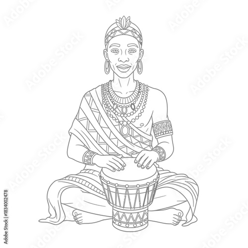 Woman Sitting Cross Legged Playing a Ceremonial Drum Illustration