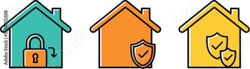 Home security icon vector illustration set with locked house and shield symbols for protection concepts