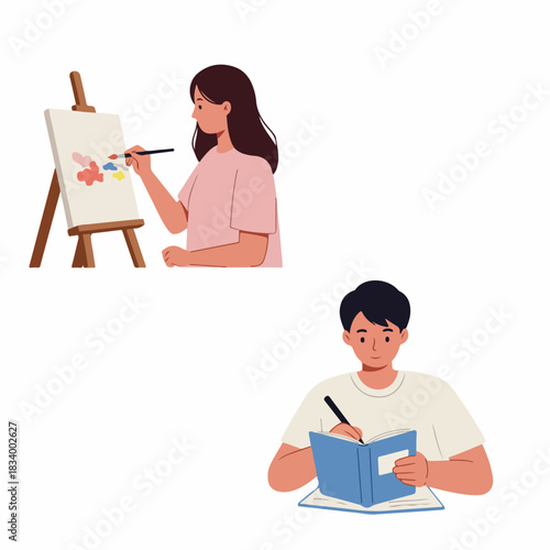 Creative pursuits illustration: woman painting on easel and man writing in a notebook, representing art, study, and self-expression.