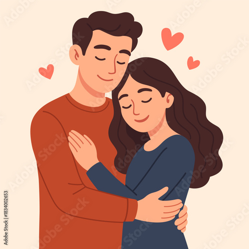 Loving couple hugging. Vector flat illustration for valentine day. Young lovers. Guy and girl hugging. Man and woman in a gentle embrace with hearts