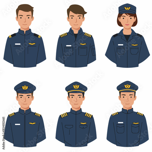 Collection of flat design avatars featuring airline pilots, captains, and crew in dark blue uniforms with rank insignia and service caps.