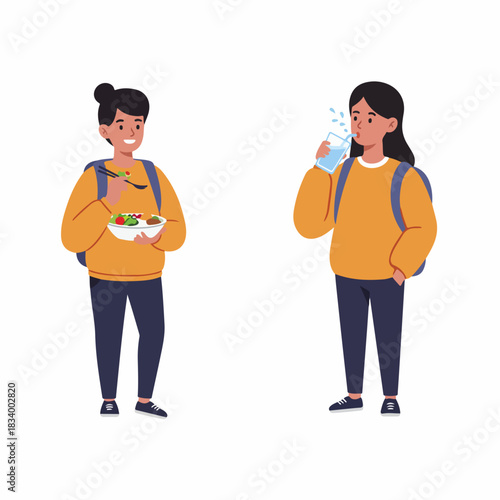 Healthy student habits illustration: eating salad lunch and drinking water for hydration and wellness, isolated on white background.