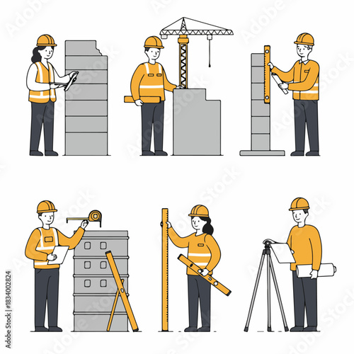 Construction professionals set: Engineers and workers measuring, surveying, and supervising building development with various tools and equipment.