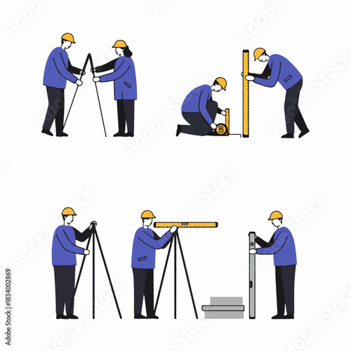 Vector illustration set of construction workers and engineers using surveying equipment, tape measures, and spirit levels for measurement and leveling tasks.