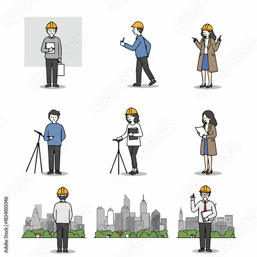 Engineers, Architects, and Surveyors Character Set: Doodle Illustrations of Construction Professionals and Urban Development.