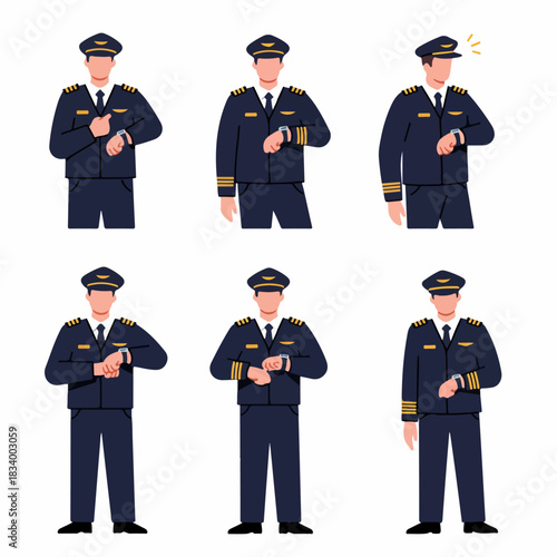 Professional airline pilot character variations in uniform checking wrist watch or smartphone time, isolated flat vector collection.