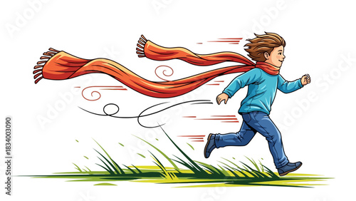 Young boy with long orange scarf running through grass