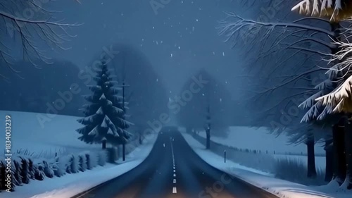 Empty road in countryside, snow falling under moonlight, soft blue tones, quiet and magical Christmas night 