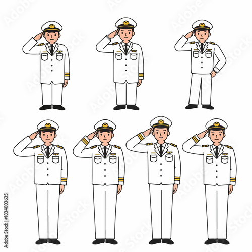 Collection of illustrated male airline pilots or naval officers in white uniform performing a respectful military salute, representing aviation and command.