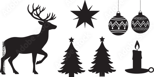 Christmas Silhouette Elements Reindeer Trees Ornaments Candle Star