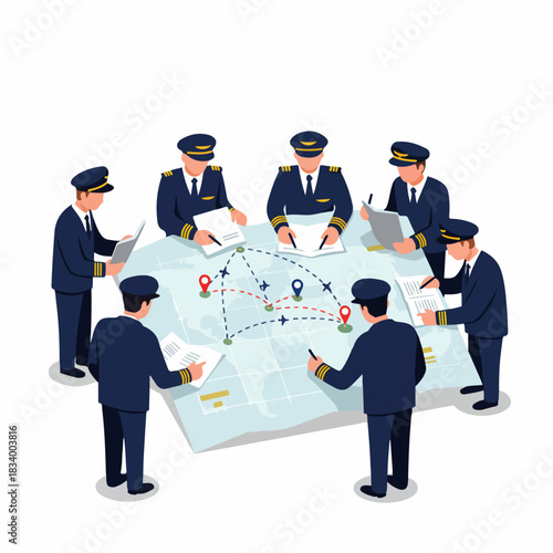 Pilots and flight crew conducting a pre-flight briefing, examining aviation routes and logistics on a large map in an isometric illustration.