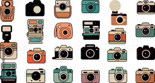 Vintage, Retro, Digital, and Instant Camera Photography Equipment Vector Icon Set