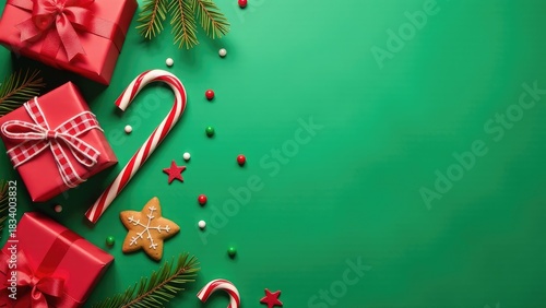 A festive holiday scene featuring a bright green background with colorful presents and candy canes