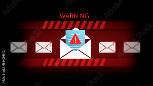 Cyber Security Warning Email Notification with Red Exclamation Mark on Opened Envelope for Phishing and Spam Alert Concept