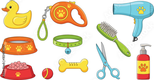 Pet grooming and care accessories vector illustration set featuring toys leash bowls brush scissors and hygiene items