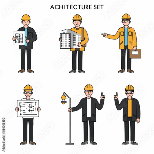 Architecture and Engineering Professionals Set. Cartoon Construction Workers and Architects with Blueprints, Building Models, and Hard Hats.