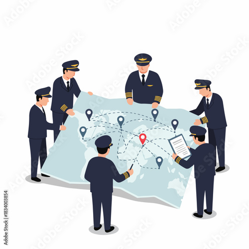 Aviation crew planning global flight routes using a world map with destination pins during an operational briefing.