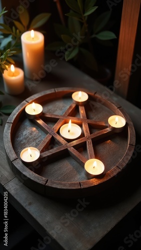 A wooden pentagram surrounded by candles on a table, perfect for use in occult or mystical scenes