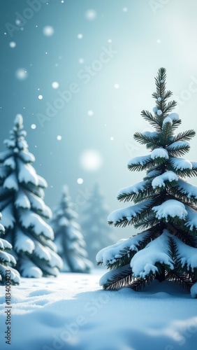 A solitary pine tree stands tall amidst a snowy forest landscape