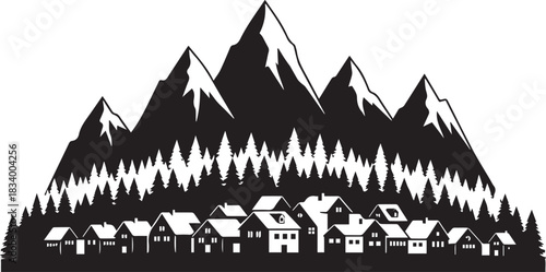 Mountain village silhouette with snow capped peaks and pine trees Keywords: mountain, village