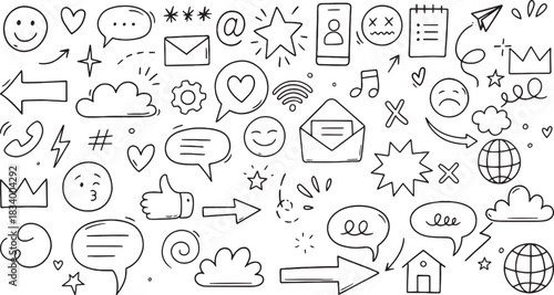 Hand Drawn Doodle Social Media, Communication, Arrows, and Emoji Sketch Vector Set