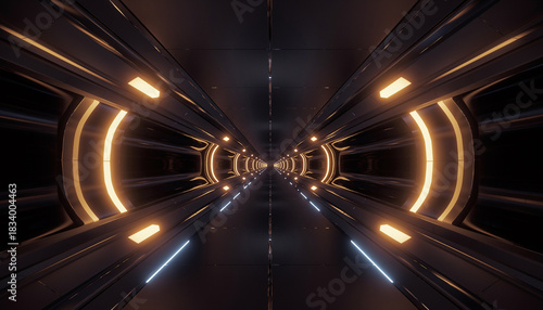 Fototapeta Naklejka Na Ścianę i Meble -  Futuristic sci-fi tunnel corridor with glowing golden neon lights