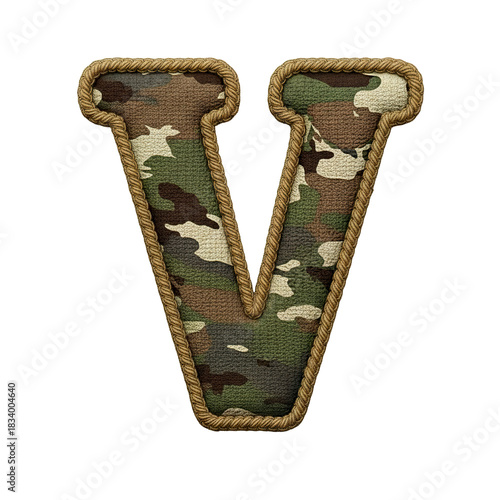 Wallpaper Mural Camouflage letter V patch with rope border, military style fabric texture, green and brown colors, isolated on transparency background, rugged and tactical design Torontodigital.ca