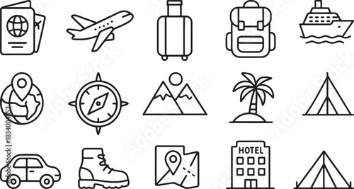 Outline Travel, Vacation, Adventure, Transport, and Tourism Vector Icon Set