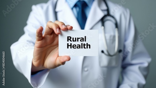 A healthcare professional holding a card emphasizing rural health, highlighting the importance of accessible medical care in rural areas