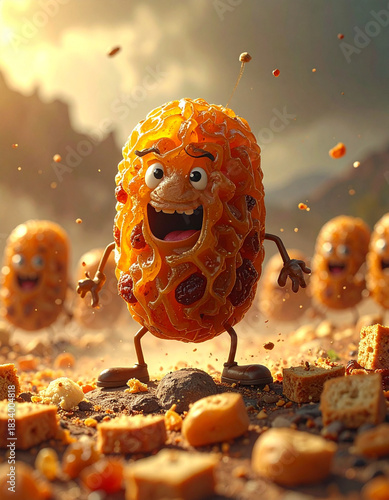 A brave, shiny raisin is dramatically leading a tiny, haphazard army of disorganized bread crumbs into battle.
