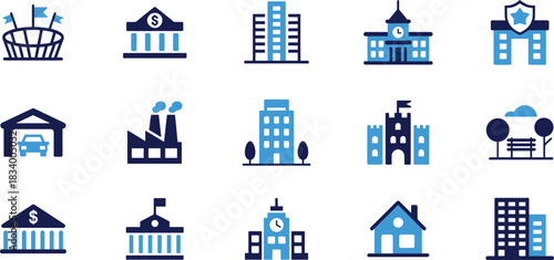 Vector building and City silhouette icon set in Blue Tone Style for Real Estate and Architectural Projects