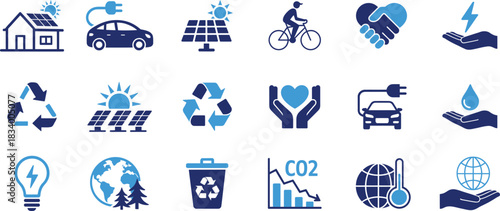 Collection of Eco Friendly and Sustainable Living Icons Promoting Environmental Awareness and Conservation Featuring Renewable Energy and Waste Reduction