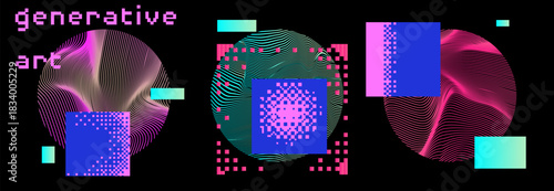 Y2K-inspired vector composition showcasing warped wavy line patterns inside circles, dithered pixel gradients, and floating geometric blocks. Generative art and digital creativity themes.