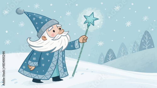 Whimsical winter wizard casting spells with star staff in snowy landscape, a magical holiday season illustration