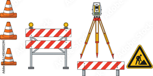 Road construction and surveying equipment vector illustration set with barriers cones tripod and warning sign