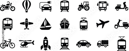 Collection of Transportation Icons Representing Various Modes of Travel and Vehicles in Black Silhouette Style Vector Graphic