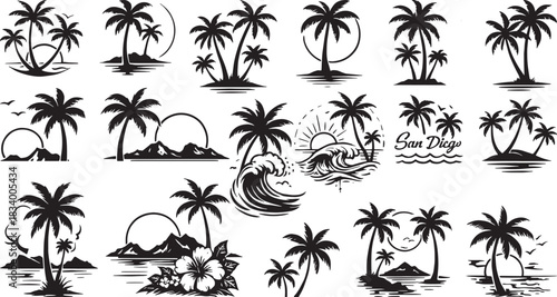 Tropical Palm Tree Silhouette Collection: Island, Beach, Sunset, Wave, Mountain, and Flower Designs