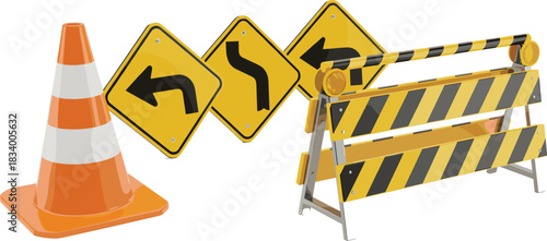 Road construction safety equipment vector illustration with traffic cone arrow warning signs and striped barrier