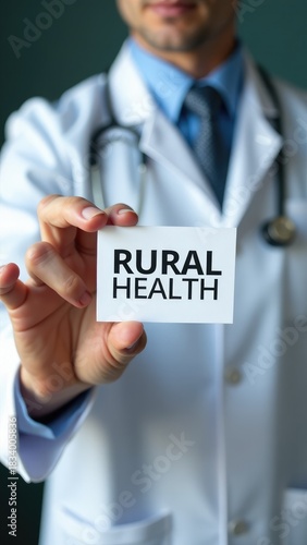 A healthcare professional in a white lab coat holds a business card with information about rural health services