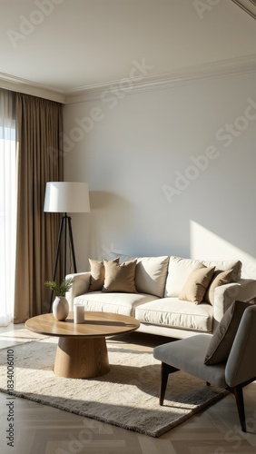 A warm and inviting living room with comfortable furniture and a large window, perfect for relaxing or entertaining