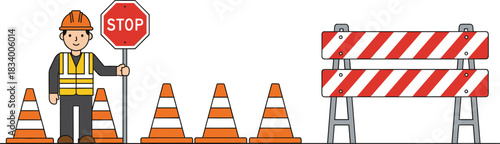 Road construction worker with stop sign vector illustration showing traffic cones and safety barricade