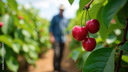 A person stands amidst a lush green cherry orchard, ready for harvest or picking